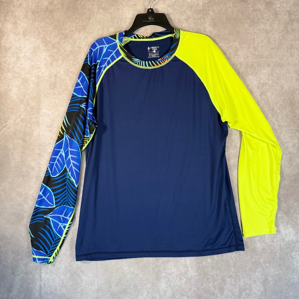 Liberty Pro Rash Guard Mens Large Navy Neon Tropical Long Sleeve Swim Shirt